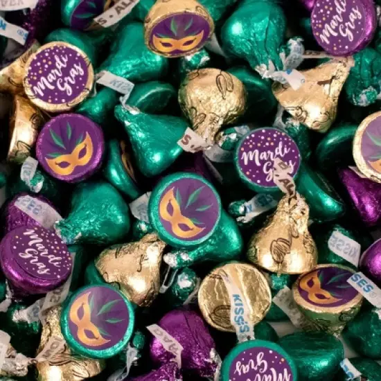 100 Pcs Mardi Gras Candy Hershey's Kisses Milk Chocolate (1lb, Approx. 100 Pcs)  - By Just Candy image {1}