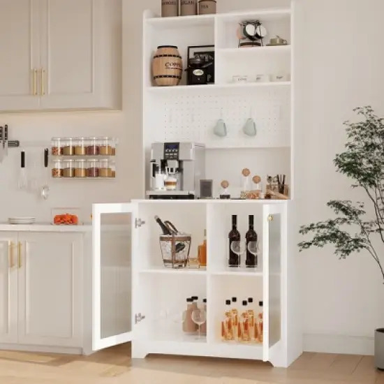 Coucheta 71" Pantry Cabinet - Wooden Sideboard with Microwave Stand, Pegboard & Hutch, Storage Organizer for Dining/Living Room image {2}