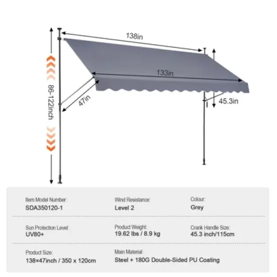 VEVOR 138 x 47" Patio Awning Retractable, Awning Sunshade Shelter with Manual Crank Handle, Outdoor Patio Canopy Sunsetter Deck, Dark Gray image {7}