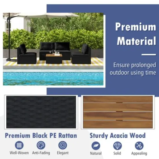 Costway 5 Piece Outdoor Furniture Set with Seat & Back Cushions Acacia Wood Tabletop Blue/Black image {5}