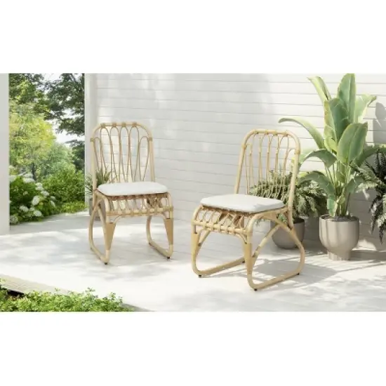 COWLOWN Natural Set of 2 Outdoor PE Wicker Dining Chairs with Washable Cushions, Ideal for Backyard, Poolside, Garden and Patio image {2}
