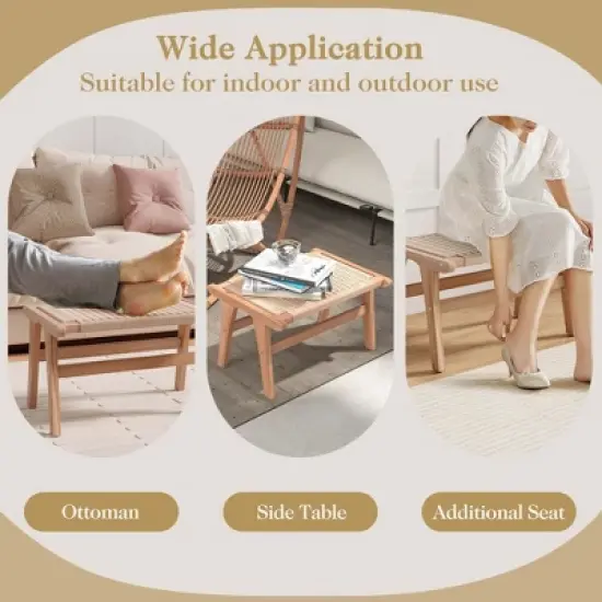 Costway 1/2 PCS Teak Wood Ottoman Footstool with Braided Rope for Living Room Bedroom Office image {3}