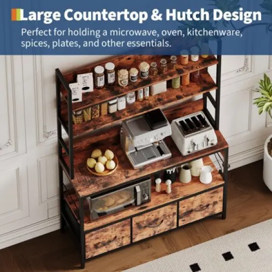 5-Tier Kitchen Bakers Rack with Charging Station & Drawers, Industrial Microwave Stand, Freestanding Farmhouse Coffee Bar image {2}
