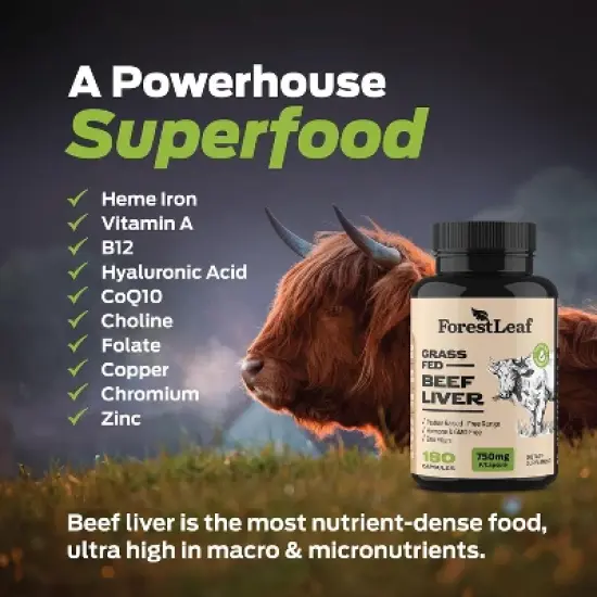 Forest Leaf Grass Fed Beef Liver Capsules, 3000mg Per Serving, Supports Full Immunity & Body Wellness, Freeze Dried Beef Liver Supplement - 180 Caps image {1}
