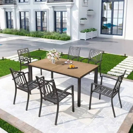 7pc Metal Patio Dining Set with Rectangular Faux Wood Table & 6 Stackable Chairs - Captiva Designs image {10}