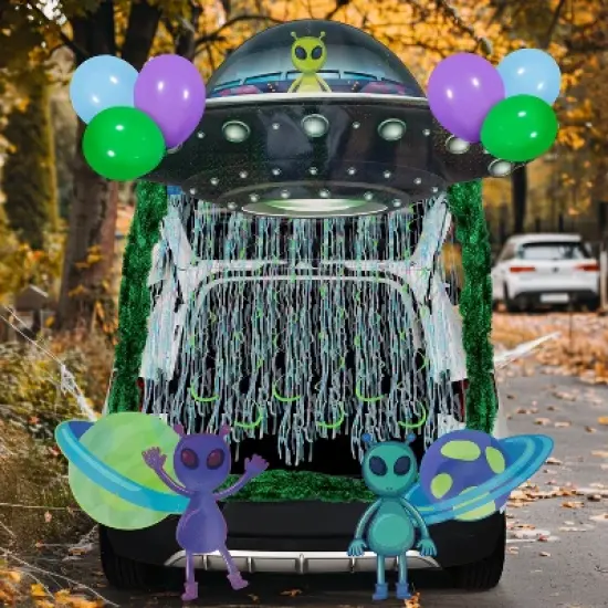 Joyfy Halloween UFO Trunk Or Treat Car Decoration, Aliens Archway Garage Door Decor with Streamer Tinsels Strips Balloons for SUV Outdoor/Indoor image {6}