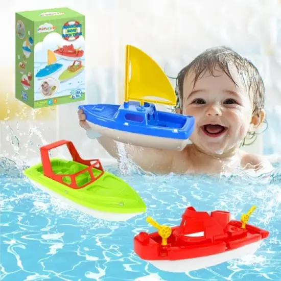 Fun Little Toys 3Pcs Boat Toy Set, Speed Boat, Sailing Boat & Aircraft Carrier, Bath & Pool Toys for Toddlers, Birthday Gift for Boys & Girls Ages 1-4 image {7}