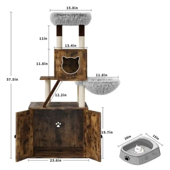 59 Inch Cat Tree, 2-in-1 Cat Tower Multi-Level Durable Cat Scratching Sisal Post, Removable Washable Cushion, Multipurpose Litter Box Enclosure image {4}
