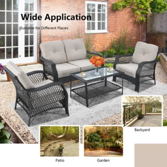 Tangkula 4PCS Patio Rattan Furniture Set Outdoor Conversation Set w/Tempered Glass Coffee Table Beige image {4}