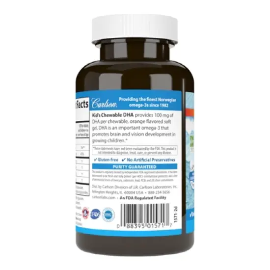 Carlson - Kid's Chewable DHA, 100 mg DHA, Brain Health, Vision Function, Orange image {1}