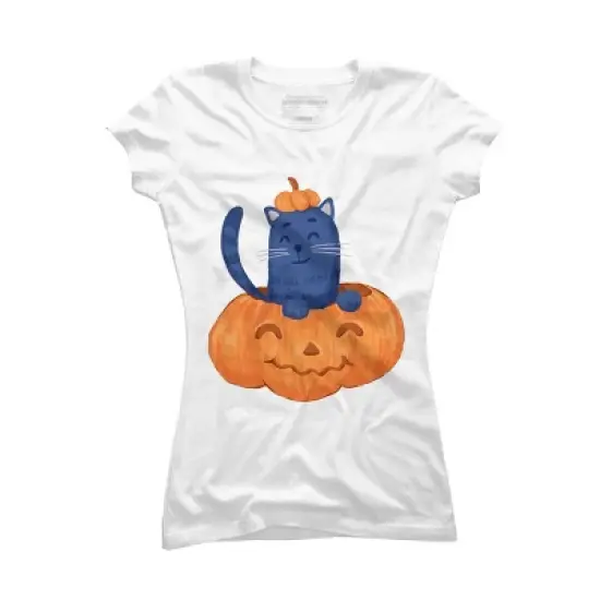 Junior's Design By Humans Halloween Cat In A Pumpkin By wubbadub T-Shirt image {6}