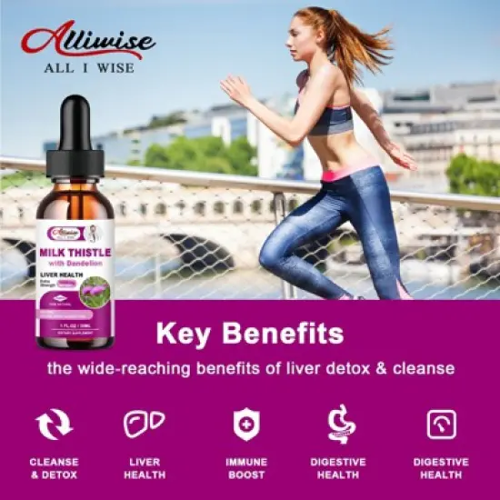 Alliwise Liver Health Support Liquid, Milk Thistle 80% Silymarin Extract & Dandelion Root Extract, Vegan, Non-GMO, 2 Bottle (2 Fl.oz) image {4}