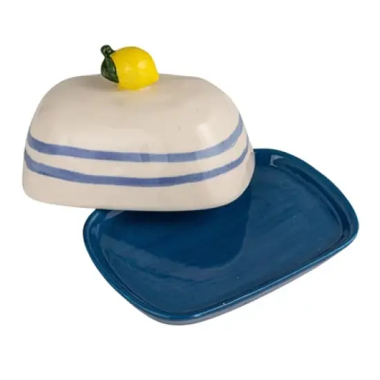 Storied Home Hand-Painted Stoneware Butter Dish with Lemon Shaped Handle and Stripes, Multicolor image {5}