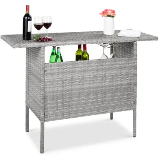 Best Choice Products Outdoor Patio Wicker Bar Counter Table w/ 2 Steel Shelves, 2 Sets of Rails image {7}