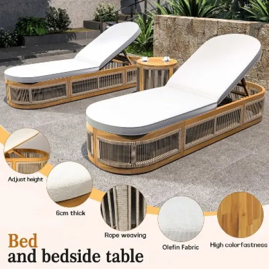 Moda Furnishings Acacia Wood Rope Weaving Patio Outdoor Reclining Chaise Lounge With Cream Cushions image {7}