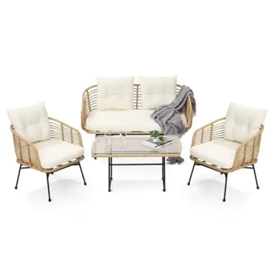 4-Piece PE Rattan Patio Set w/ Loveseat, Sofa & Coffee Table - Outdoor Conversation Set for Backyard image {9}