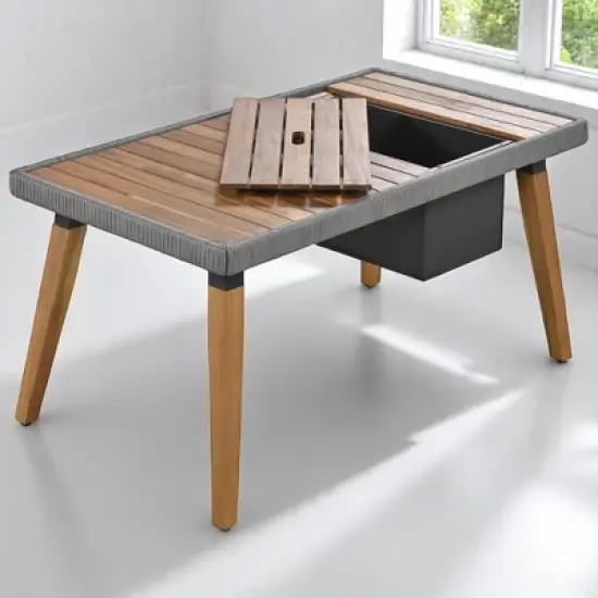 6-Piece Outdoor Wicker Sofa Set with Unique Rope Weaving, Acacia Wood Coffee Table with Ice Bucket, and Ottomans image {4}