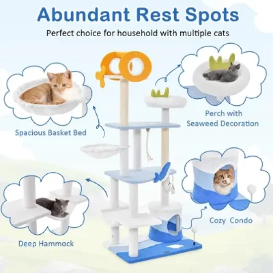 Petsite Ocean-themed Cat Tree Tower with Sisal Covered Scratching Posts Condo Perch Hammock image {5}