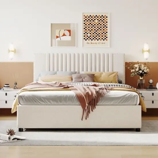 Queen/Full Size Upholstered Platform Bed with Classic Headboard and 4 Drawers-ModernLuxe image {1}
