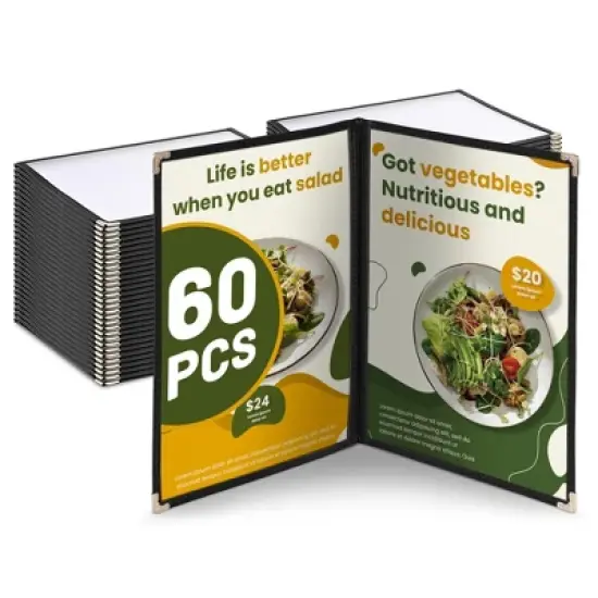 WeChef 60 Pack Restaurant Menu Covers 8.5 x 11" Book Style 2 Pages 4 Views Black image {6}