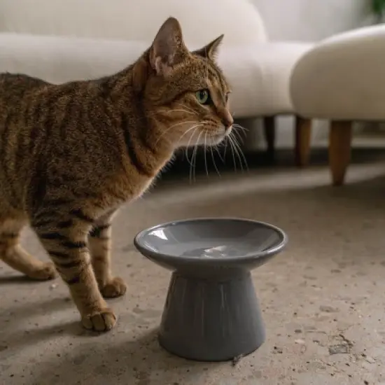 Dexypaws: Flat Top Ceramic Cat Bowl, Black Fish Print, 7.5oz, Pet Feeding Dish image {3}