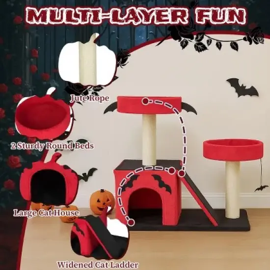 Halloween Gothic Cat Tree with Bat Wings, Spider Toy, Sisal Scratching Posts, Dual Perches & Condo &uml;C Dark Red and Black Cat Tower image {3}
