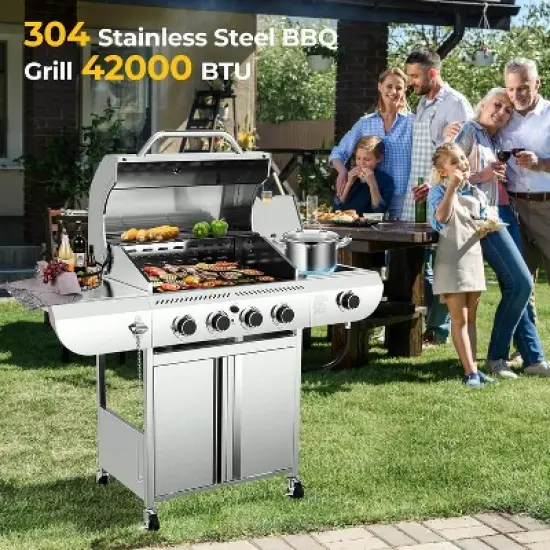 ZAFRO 4-Burner Gas Grill with Side Burner, Stainless Steel Propane Grill 42000BTU for Outdoor Cooking, Silver image {5}