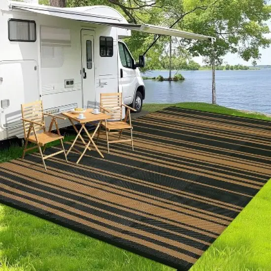 Outside Rug Modern Striped Plastic Straw Rug, Outdoor Reversible Rug, Waterproof UV-Resistant Carpet for Patio, Deck, Backyard image {1}