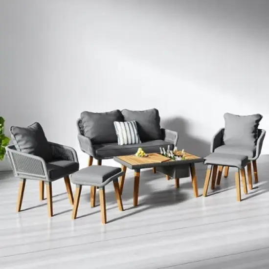 6-Piece Outdoor Wicker Sofa Set with Unique Rope Weaving, Acacia Wood Coffee Table with Ice Bucket, and Ottomans image {1}