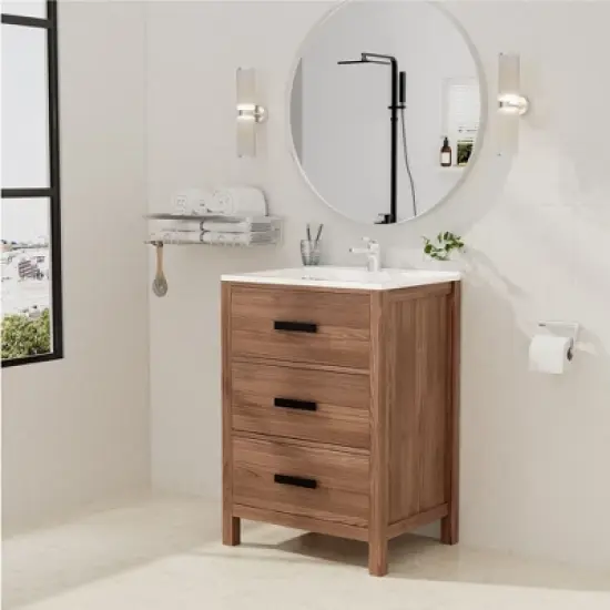 Hyleory 24" KD Freestanding Bathroom Vanity with Resin Single Sink, 3 Drawers image {13}