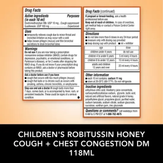 Children's Robitussin Cough & Chest Congestion DM Relief Liquid - Dextromethorphan - Honey - 4 fl oz image {8}