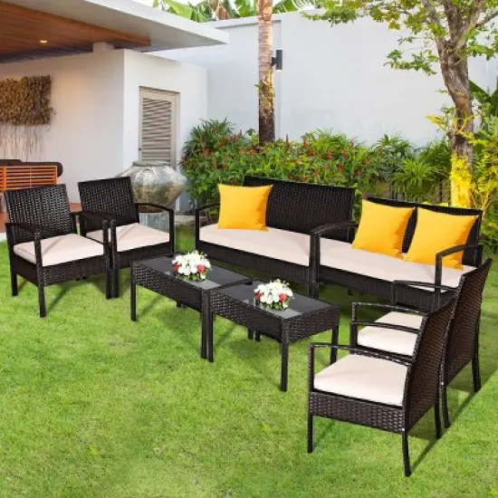 Tangkula 4PCS Conversation Wicker Set Patio Rattan Table&Cushioned Chair image {2}