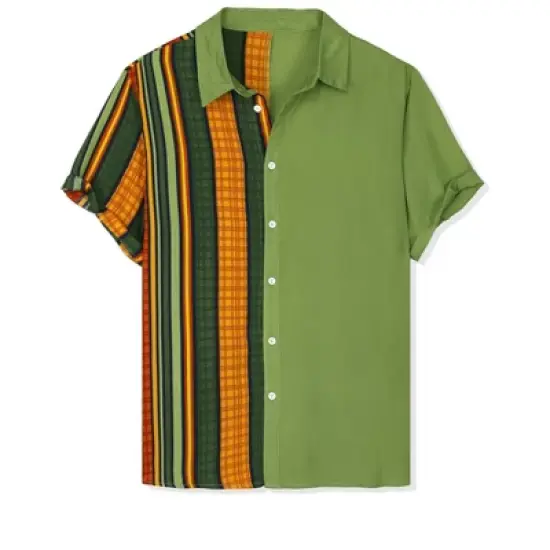 Lars Amadeus Men's Irregular Geometric Color Block Patchwork Button Down Short Sleeve Striped Shirts image {6}