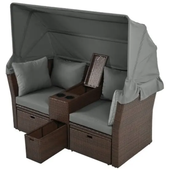 KWPZQEB Patio Outdoor Loveseat Sofa, 2-Seater Sofa with Foldable Awning and 4 Pillows, Sunbed Double Chaise Lounge for Garden, Balcony, Poolside, Gray image {8}