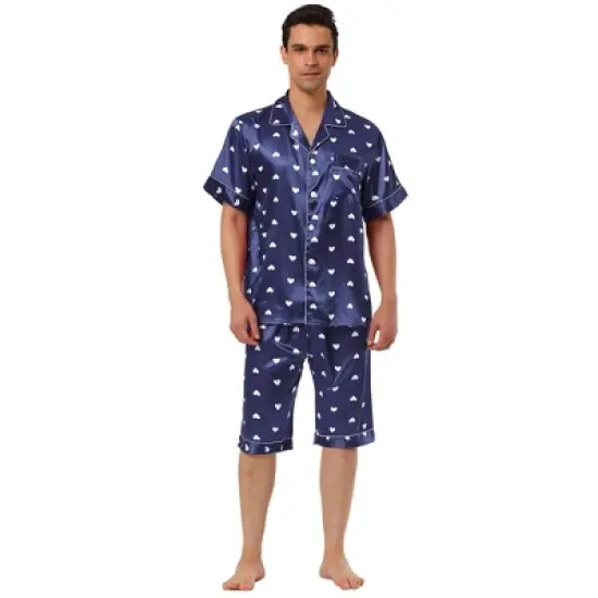 Lars Amadeus Men's Satin Pajama Set Cute Heart Print Button Down Short Sleepwear Loungewear Pjs Sets image {6}
