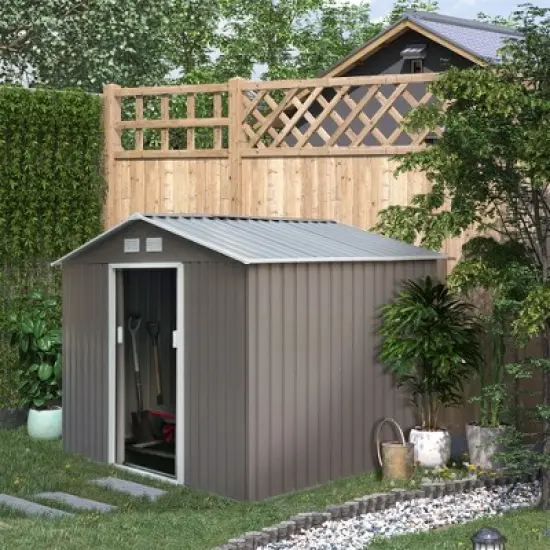 Outsunny 9' x 6' Metal Storage Shed Garden Tool House with Double Sliding Doors, 4 Air Vents for Backyard, Patio, Lawn Gray image {2}