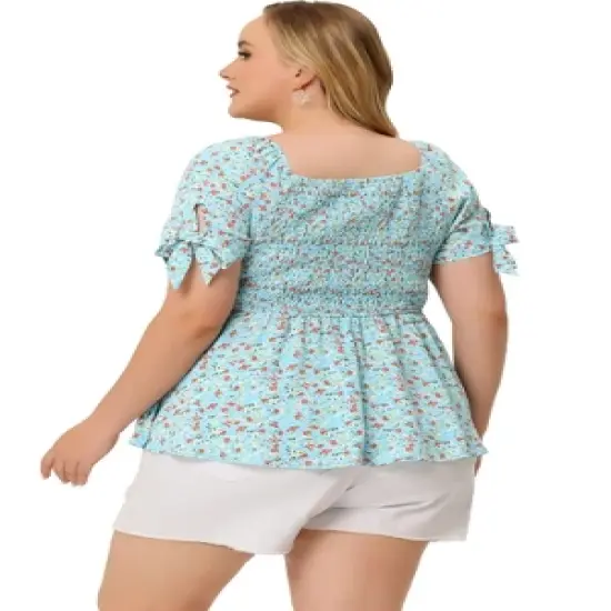 Agnes Orinda Women's Plus Size Floral Square Neck Smocked Bow Tie Short Sleeve Peplum Blouse image {3}