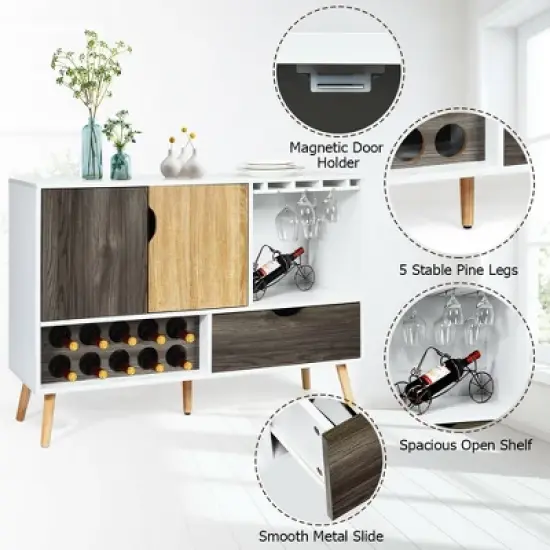 Costway Mid-Century Buffet Sideboard Wooden Storage Cabinet w/ Wine Rack & Glass Holder image {7}