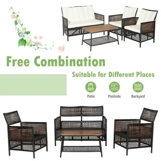 Tangkula 4PCS Cushioned Patio PE Wicker Conversation Furniture Set w/ Acacia Wood Tabletop image {2}