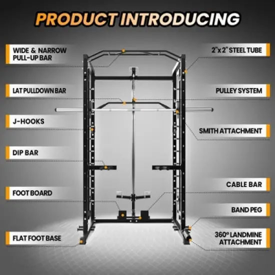 ODK Power Cage with Smithbar, 1600 Lbs Power Rack with LAT Pulldown, Multi-Functional Squat Rack, Power Cage for Home Gym Equipment image {1}