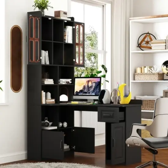 L Shaped Computer Desk With Hutch, Office Corner Desk with Drawer & Bookshelf, Study Table Writing Desk, Gaming Computer Desk for Study Room Black image {1}
