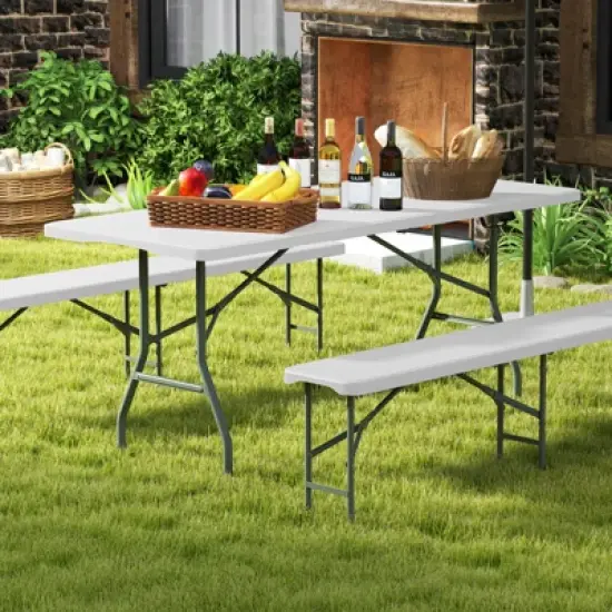 Tangkula 3 PCS Folding Picnic Table Set w/ 6 ft Table & 2 Benches HDPE Tabletop Bench Top Coffee image {1}