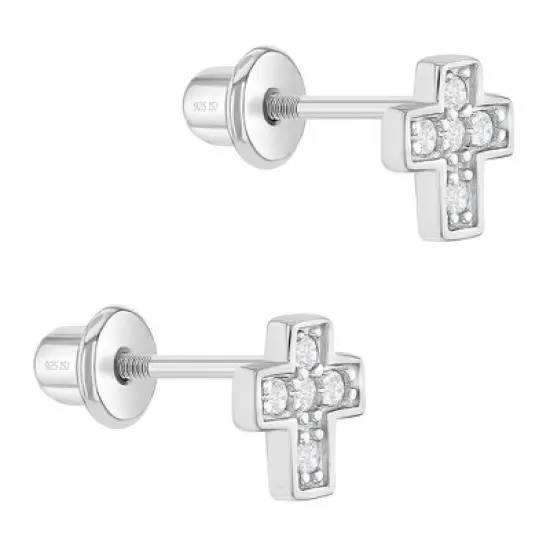 Girl's Tiny Classic CZ Cross Screw Back Sterling Silver Earrings - In Season Jewelry image {1}