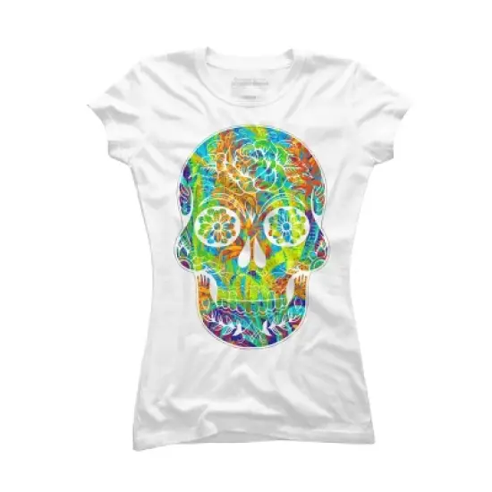 Junior's Design By Humans Dia del Muertos Day of the dead halloween floral skull By ppanda T-Shirt image {4}
