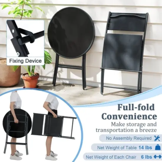 Costway 3 PCS Folding Patio Bistro Set with Tempered Glass Coffee Table & 2 Patio Chairs image {5}