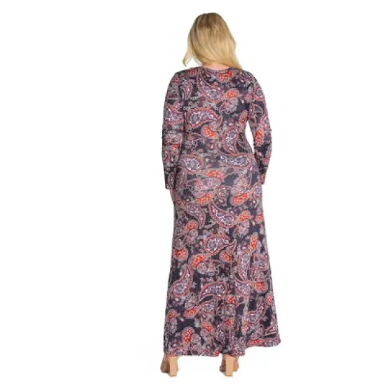 Womens Plus Size Long Sleeve Black Paisley A Line Maxi Dress image {2}