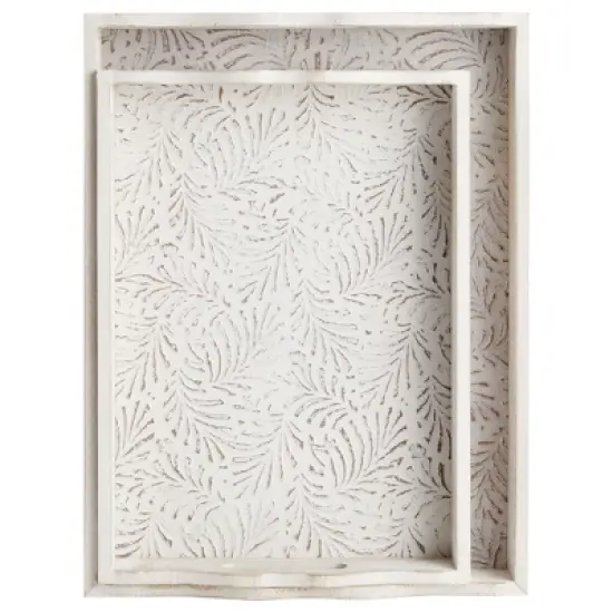 Juvale 2-Pack Rustic Wood Coffee Table Serving Tray with Handles for Ottoman, White Floral image {6}