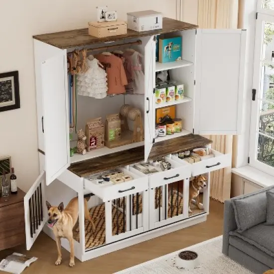 PAKASEPT 71" Tall Dog Crate Furniture, Indoor Dog Kennel with Wardrobe Closet, 46.5" W Dog Cage for Large/Medium Dogs, Wood Dog Crates with 3 Drawers image {5}