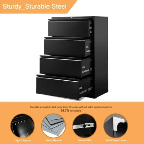 AOBABO 4 Drawer Lateral Steel File Organizing Cabinet with Locking System and Adjustable Hanging Bars for Letter/Legal Size Paper, Black image {3}