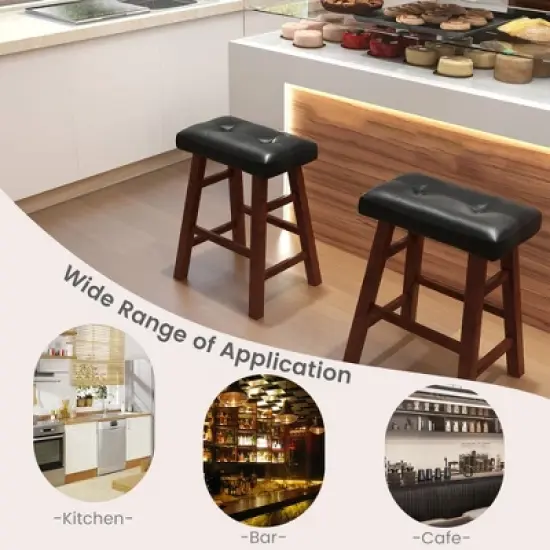 Costway Set of 2 Upholstered Barstools 24''/29'' Backless Rubberwood Dining Chairs Black&Brown image {7}